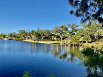 Scenic view of lake against clear blue sky