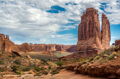 View of rock formations against cloudy sky