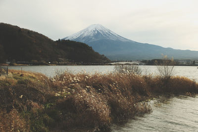 Scenic view of snowcapped fuji mountains against sky