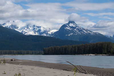 Scenic view of lake and mountains against sky