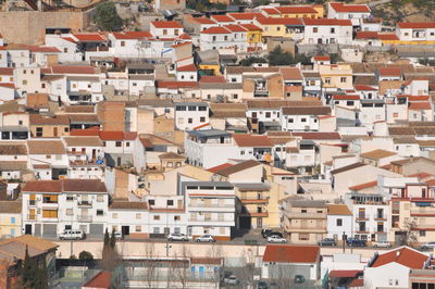 High angle view of buildings in city