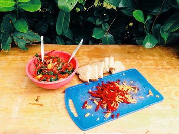 High angle view of vegetables on table