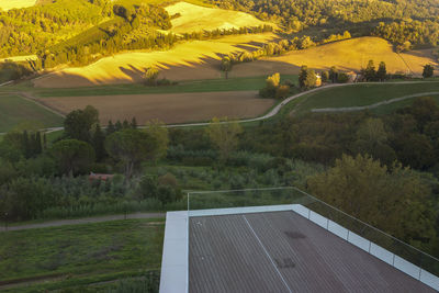 High angle view of road amidst field