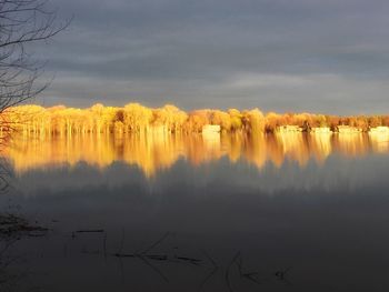 Panoramic view of lake against sky during sunset