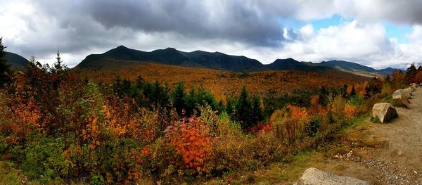 Scenic view of mountains against cloudy sky