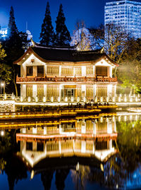 Reflection of building in lake at night