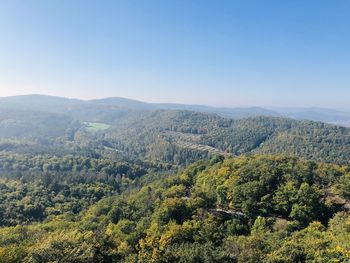 High angle view of trees and mountains against clear sky