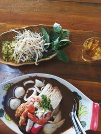 High angle view of meal served on table