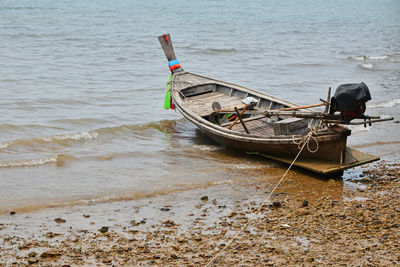 Moored boat on shore