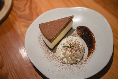 High angle view of cake in plate on table