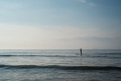 Silhouette of paddle surfer in sea against sky