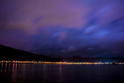 Scenic view of lake against cloudy sky at night