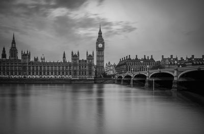 Bridge over river against cloudy sky