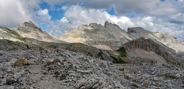 Scenic panorama of the dolomite mountains in summer