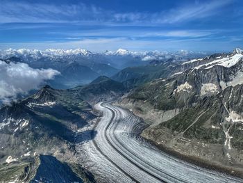 Aerial view of snowcapped mountains against sky