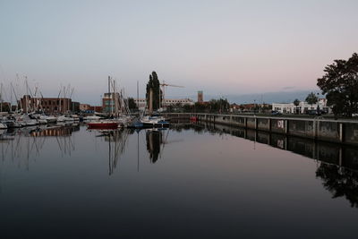 Sailboats moored at harbor against clear sky