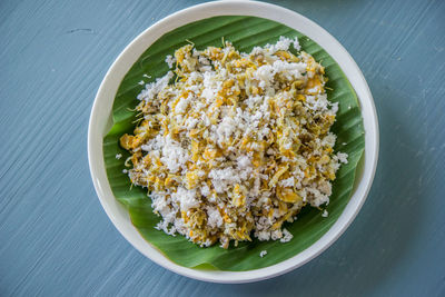High angle view of food in plate on table