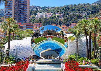 View of swimming pool by buildings in city