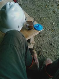 High angle view of man working in workshop