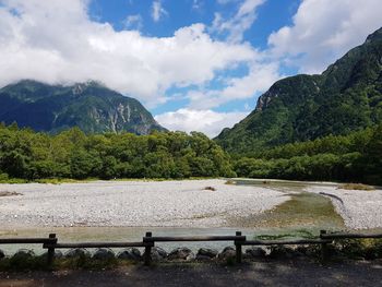 Scenic view of river by mountains against sky