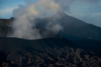 Smoke emitting from volcanic mountain against sky