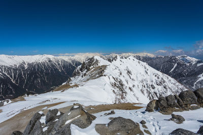 Scenic view of snowcapped mountains against blue sky