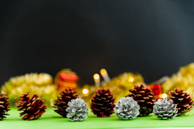 Close-up of various flowers on table against black background