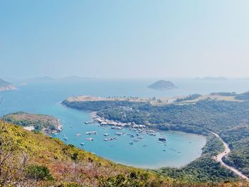 High angle view of bay against clear sky