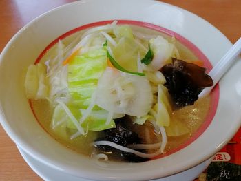 High angle view of soup served in bowl