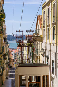 Bright sunny street in the old center of lisbon with funicular. portugal