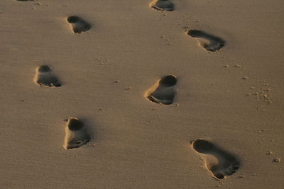 High angle view of footprints on sand at beach