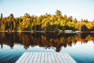 Reflection of trees in lake against sky