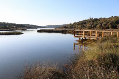 Scenic view of lake against clear sky