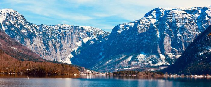 Scenic view of snowcapped mountains and lake against sky