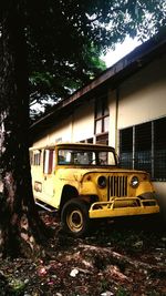 Abandoned car against trees
