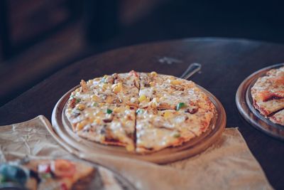 High angle view of pizza on table