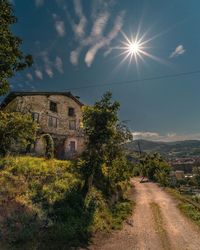 Road amidst trees and buildings against sky