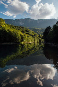 Scenic view of mountain river by trees against sky