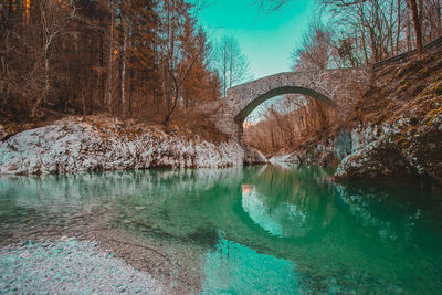 Arch bridge over river in forest