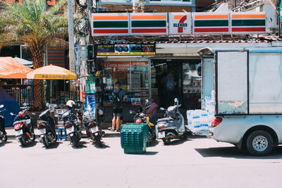 Bicycles parked on street in city