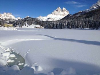 Panoramic view of snowcapped mountains against clear sky