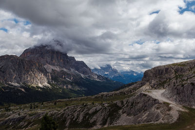 Scenic view of mountains against cloudy sky