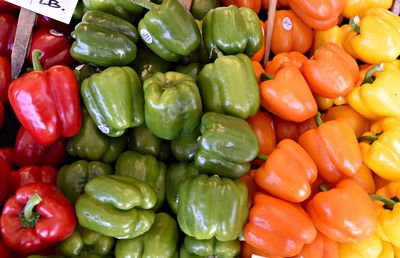 High angle view of various bell peppers at market