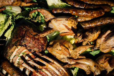 Full frame shot of meat on barbecue