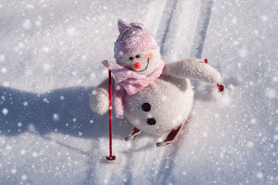 Close-up of snowman skiing on fur