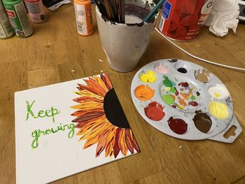 High angle view of paintbrushes on table