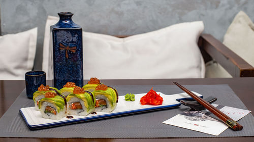 High angle view of meal served on table