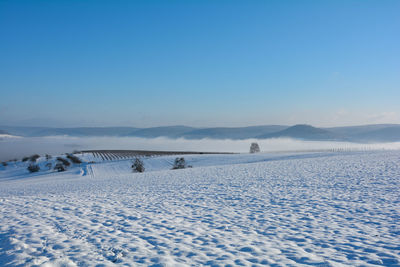 Snow landscape with fields and fog in the valley and with blue sky in spessart, bavaria, germany