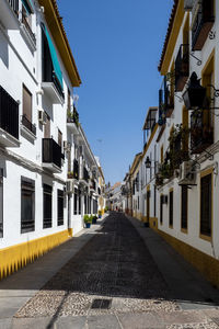 Empty road amidst buildings against clear sky