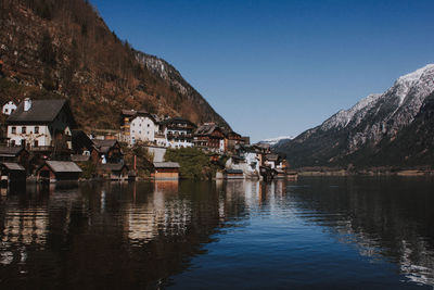 Scenic view of lake by buildings against sky